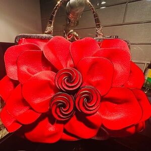 GORGEOUS Red Flower Rose Petal Bag w/Strap & Rhinestone/Gold Handle Accents!